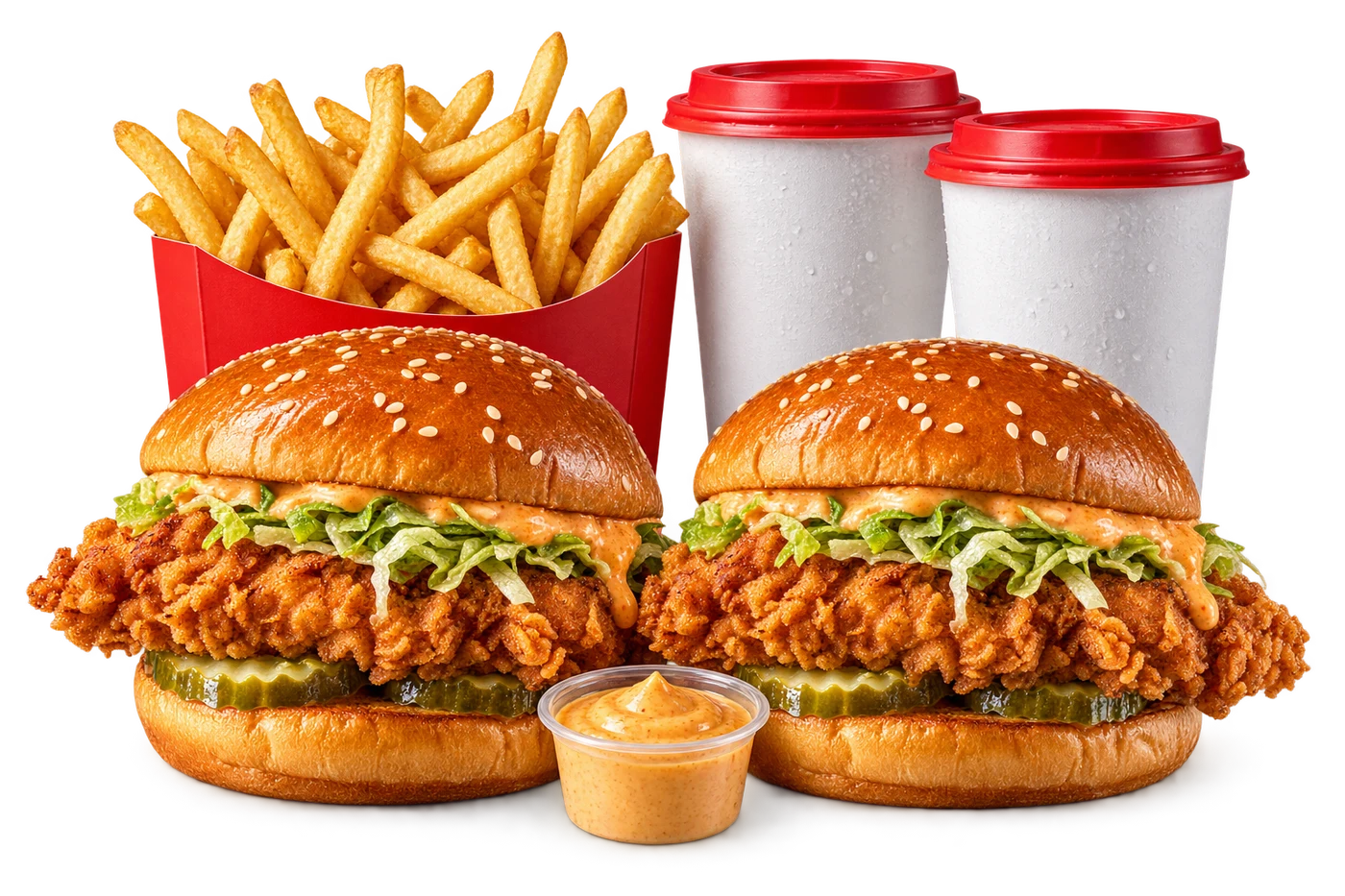 Dwie kanapki Classic Crunch, frytki, dwa napoje i sos.
