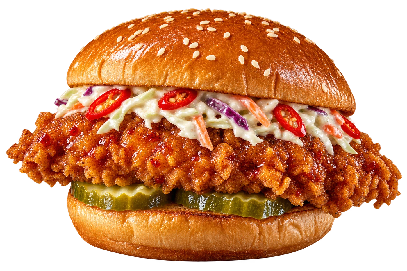 Kanapka z kurczakiem w glazurze miodowej, coleslaw i chilli.